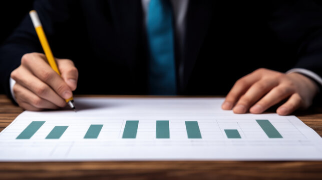 Business person in suit analyzing bar chart with pencil on wooden desk, focused on financial data and growth trends