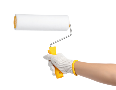 Hand holding paint roller with white glove ready for wall painting and home improvement projects - Powered by Adobe