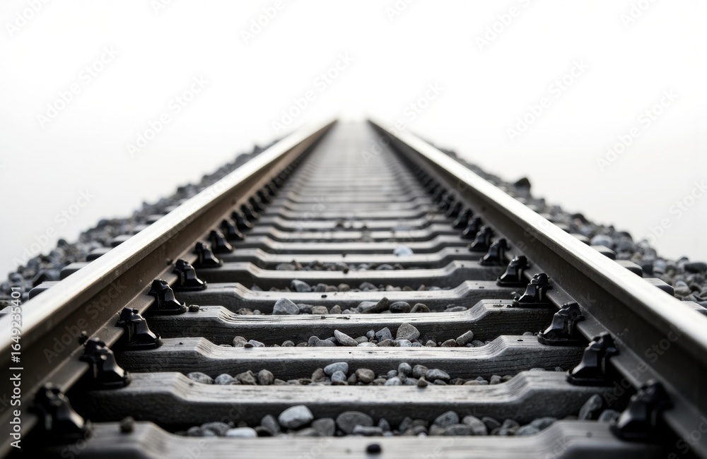 Poster a close-up view of railway tracks extending into the distance with a low-angle perspective