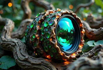 A close-up of a decorative camera lens encased in a textured, ornate shell resting on twisted tree branches