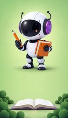 Robot holding a pencil and notebook, standing above an open book against a green background