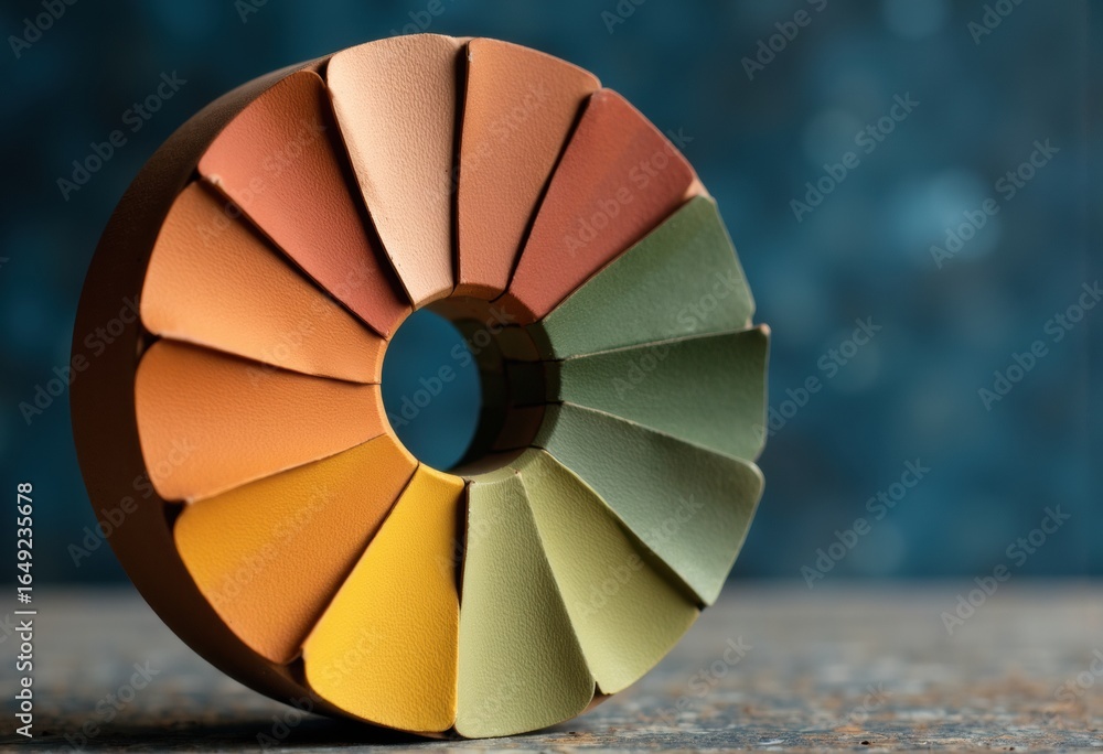 Poster color wheel with various shades arranged in a circular pattern on a textured surface