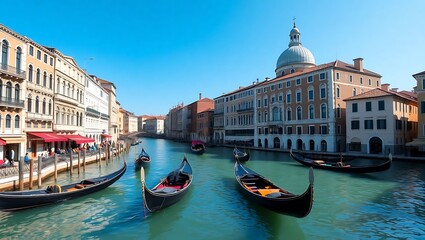 Obraz premium A picturesque view of venice italy featuring gondolas on the grand canal under a clear blue sky day light