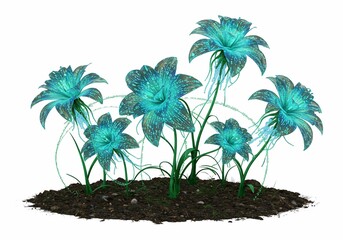 Digital Bloom: Turquoise Flowers with Binary Code Texture on Dark Soil, Isolated