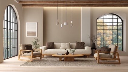 Beige and wood living room with large windows