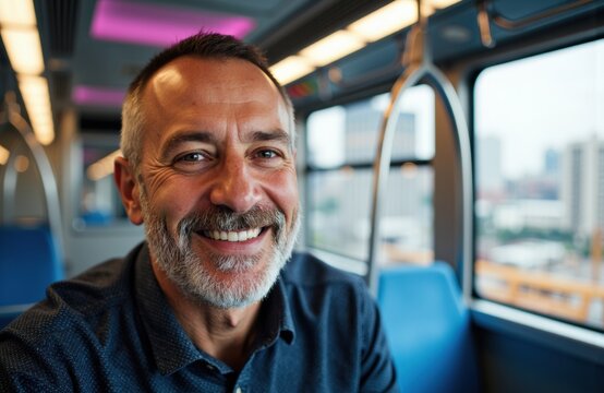 A smiling middle-aged man with a beard riding a bus during daytime