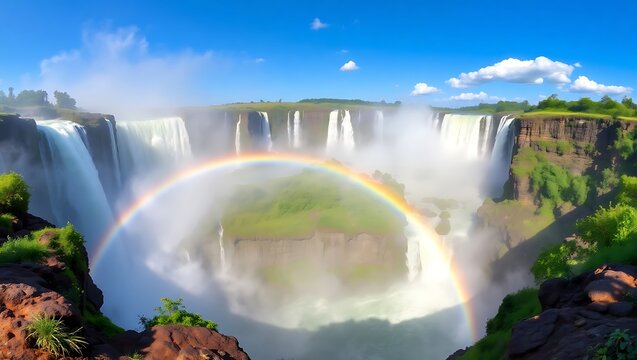 A scenic view of victoria falls with a vibrant rainbow against a clear blue sky and lush greenery