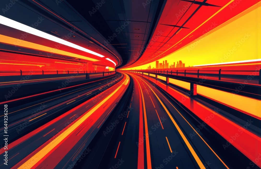 Poster a dynamic highway scene with streaks of light creating a sense of speed and motion