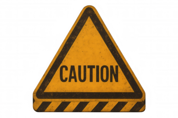 Weathered yellow triangular warning sign displaying black text, featuring hazard stripes, positioned against transparent background