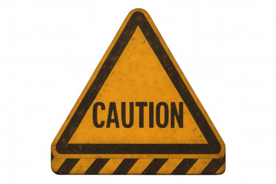 Weathered yellow triangular warning sign displaying black text, featuring hazard stripes, positioned against transparent background