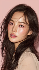 Naklejka premium Korean model showcasing natural beauty with soft makeup against a pink background