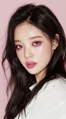 Fototapeta premium Graceful portrait of a Korean woman with elegant makeup against a soft pink background