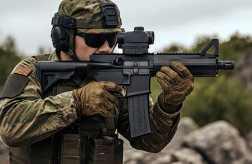 Fototapeta premium Soldier aiming with rifle outdoors in military gear and camouflage clothing