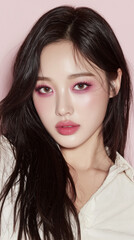 Fototapeta premium Young Korean woman poses gracefully with pink makeup against a soft pink background, highlighting her features