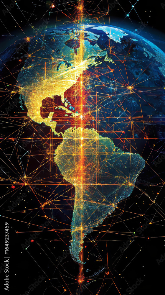Poster global network connectivity visualizes data flow. digital connections span the americas.