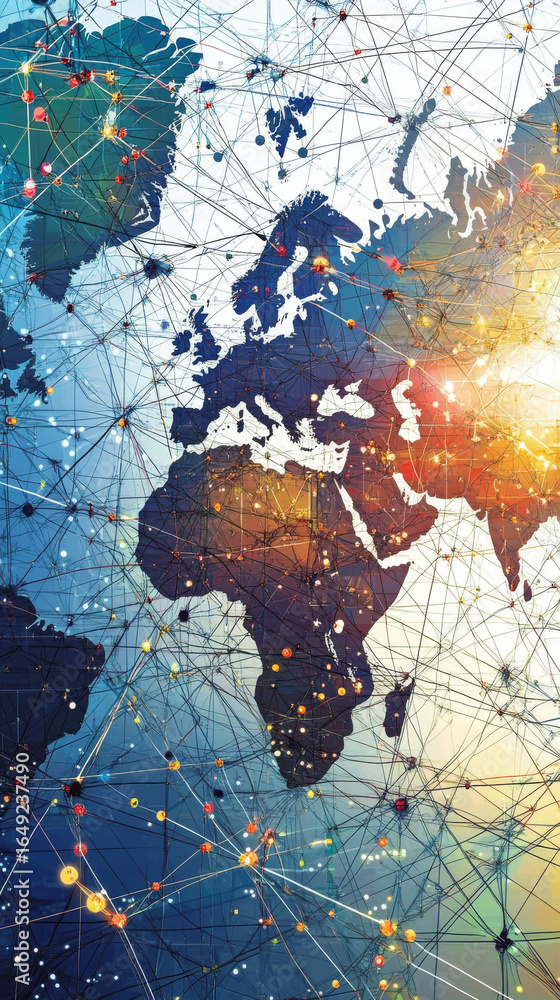 Aufkleber global network connecting key locations across the world map. data and technology converge for seaml