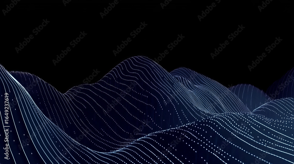 Poster Abstract digital landscape with glowing lines creating a futuristic data visualization. The dark background emphasizes the flowing wave patterns.