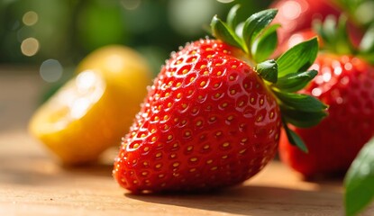 Fresh strawberries with green leaves placed on a wooden surface, accompanied by a lemon slice in the background.