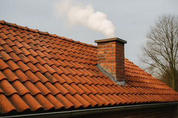Red tiled roof with chimney emitting smoke in winter
