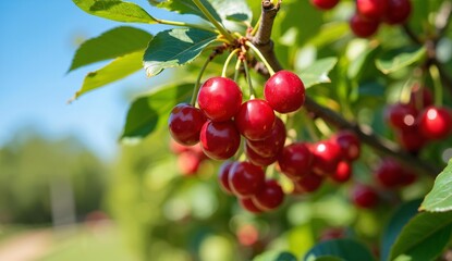 Obraz premium Ripe cherries hanging from a tree branch under bright sunlight