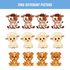 Find different animal picture in each row. Logical game for kids. Cartoon sheep, cow, dog. Vector illustration 
