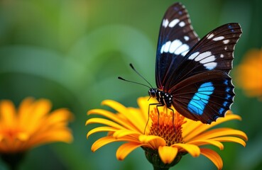 Colorful butterfly perched on bright orange flower with blurred green background
