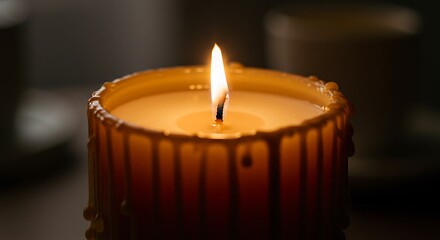 Warm candle flame glows with melted wax drips