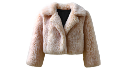 Faux fur cropped jacket, light beige color, fluffy texture, isolated on white background, fashion-forward vibe