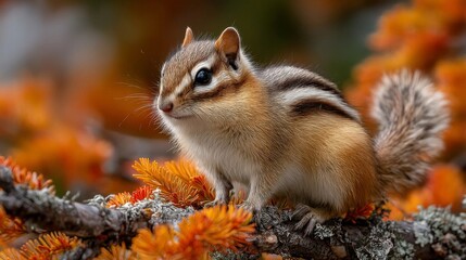 Obraz premium Closeup of an Adorable Chipmunk on a Branch with Autumn Leaves
