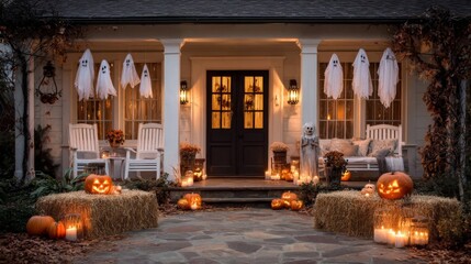 Halloween Porch Decor:  Glowing Pumpkins and Ghosts on a Rustic Porch