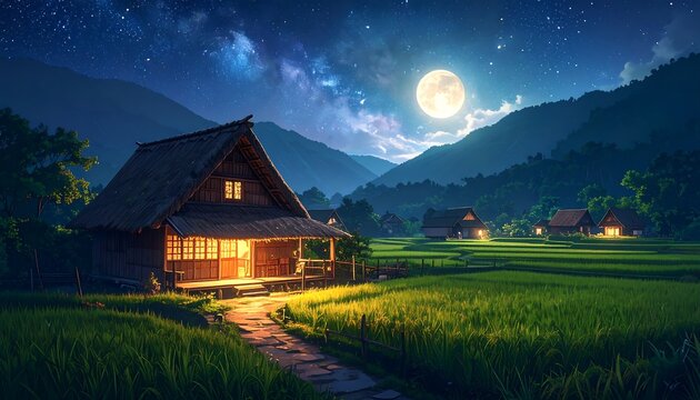 Tranquil thatched-roof village house illuminated under a full moon and starry night sky