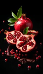 Freshly Cut Pomegranates with Vibrant Seeds on a Dark Reflective Surface