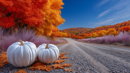 white pumpkins resting on rural gravel path, vivid red, orange, and yellow autumn trees lining fields, bright blue sky, crisp fall landscape white pumpkins rural road, autumn trees