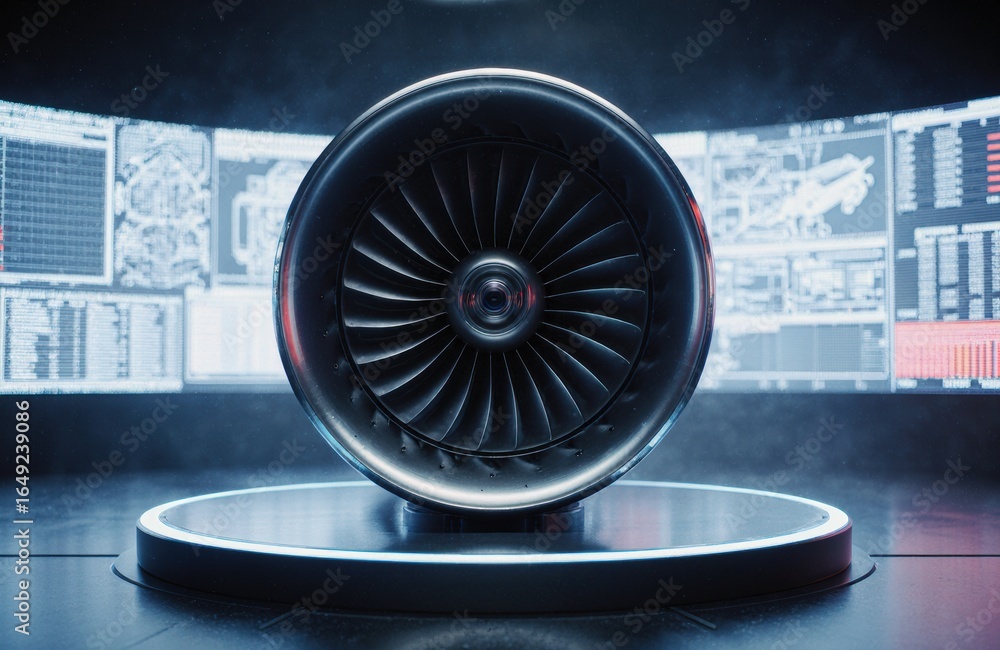 Poster a futuristic jet engine turbine displayed on a circular platform in a high-tech environment