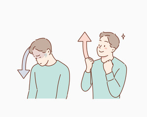 feeling up and down: flat male character emotions. Hand drawn style vector design illustrations.