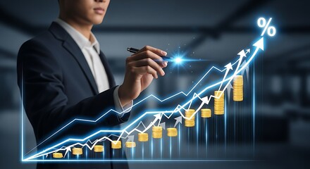 Businessman drawing a graph showing financial growth and investment returns with glowing digital interface