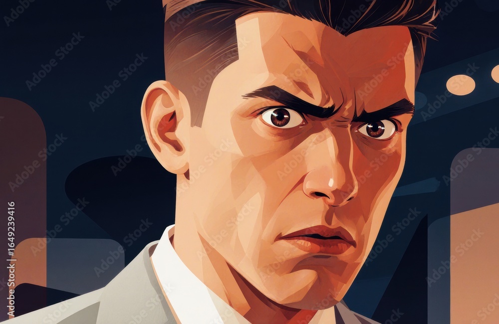 Poster a digitally illustrated portrait of a man with intense expression and furrowed brows