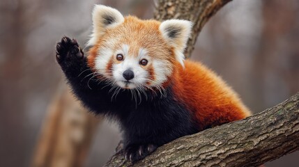 Adorable Red Panda Waves Hello from a Tree Branch