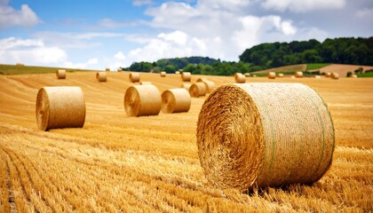 Golden Hay Bales in a Sunlit Rural Field