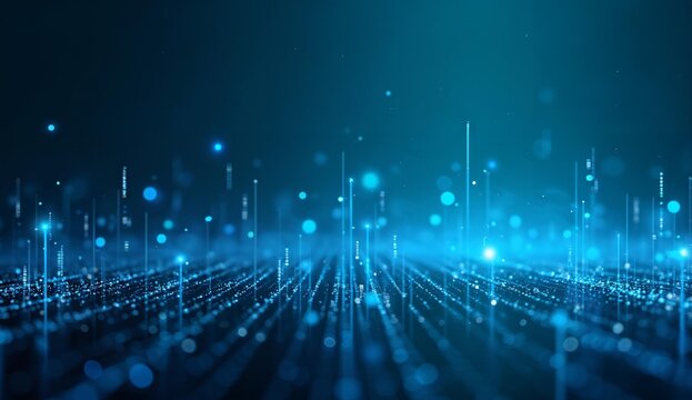 Abstract digital data stream with glowing blue particles and lines