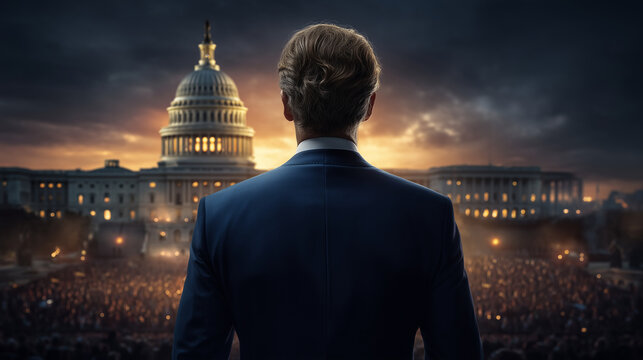 cinematic view of man standing before massive illuminated capitol building, crowd gathered, warm golden hour lighting, statues and architecture emphasizing power and authority capi