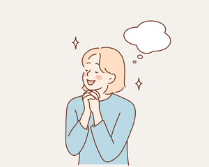 Hopeful Young Woman Making a Wish with Joyful Smile. Hand drawn style vector design illustrations.