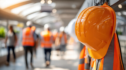 Orange safety helmet hanging reflective vest with workers walking
