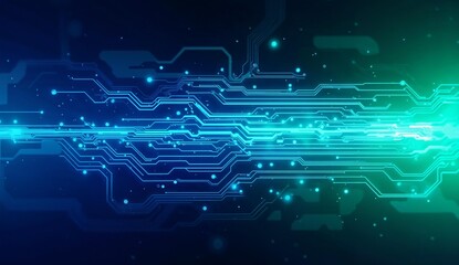 Abstract digital circuitry with glowing blue and green lines against a dark background