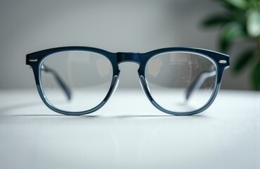 Eyeglasses with black and clear frames resting on a white surface with a blurred green plant in the background
