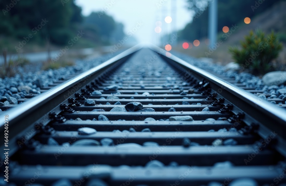 Poster a close-up view of railway tracks extending into the distance on a clear day