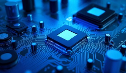 Close-up of a Circuit Board with Integrated Circuits and Capacitors