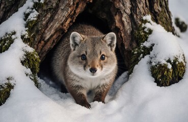 Obraz premium A curious fox kit emerges from its den in a snowy forest scene