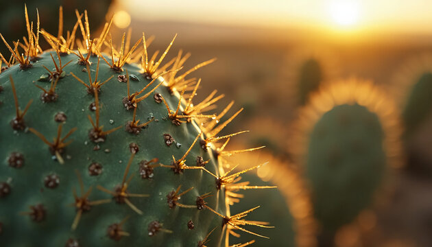 Prickly Pear Cactus Pad with Spines at Sunset