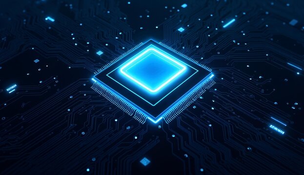Illuminated Microchip on Circuit Board with Blue Light - Powered by Adobe